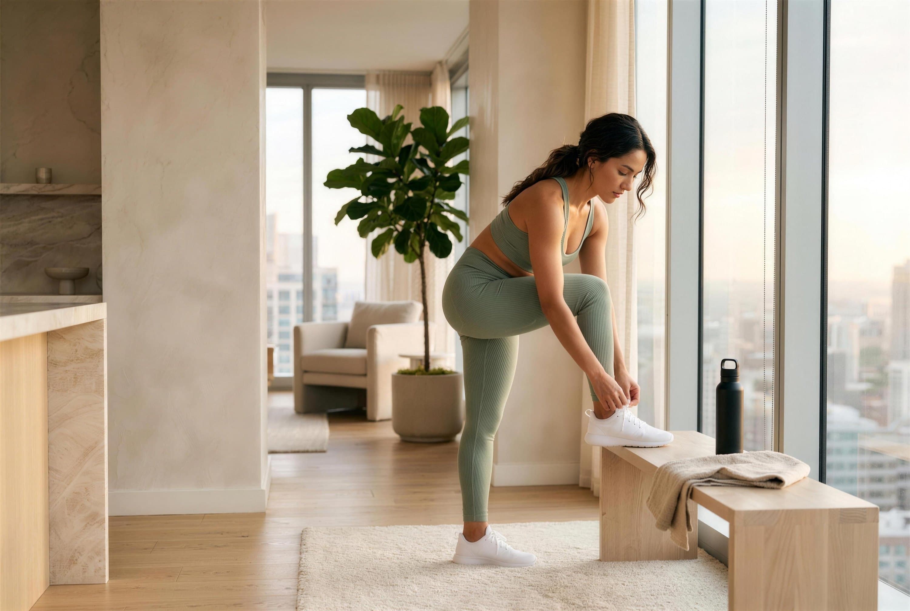 A woman getting ready at home for a morning walk.