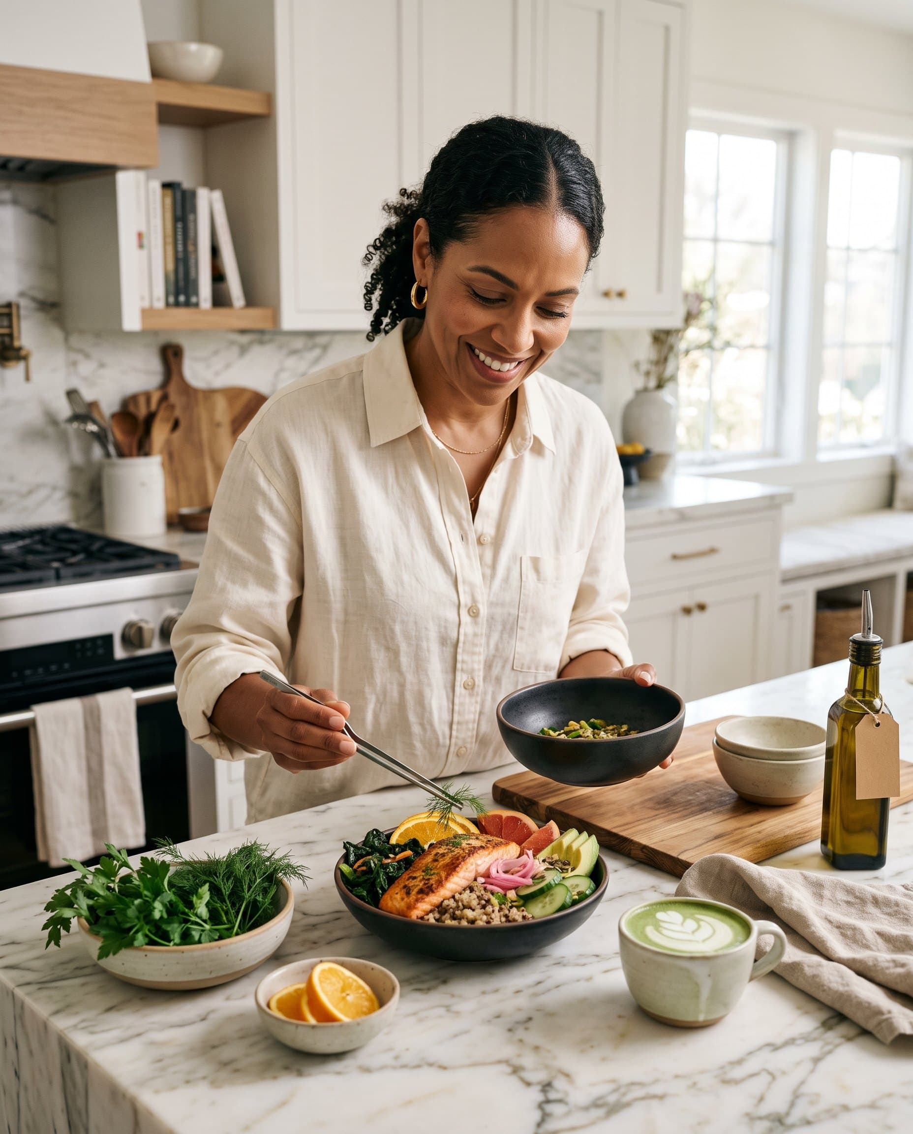 An older adult preparing a colorful meal in a bright home kitchen.