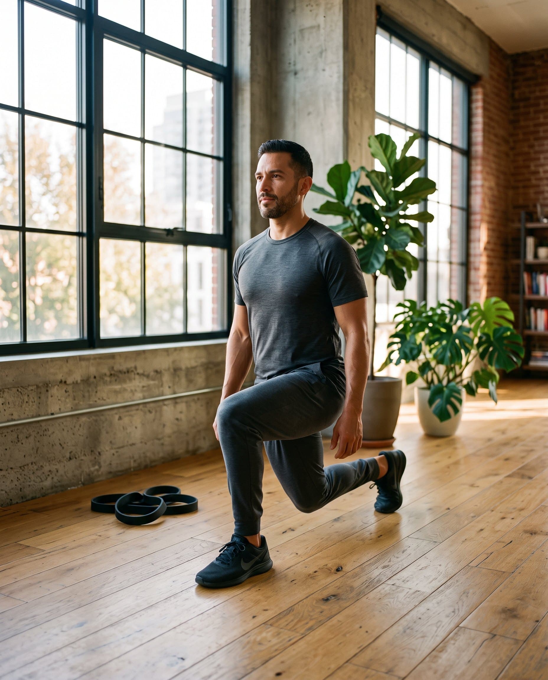 An adult doing a controlled strength exercise at home.